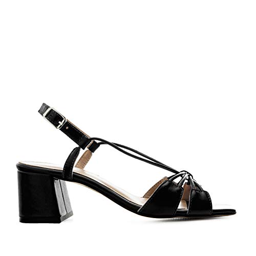 Andres Machado Sandalias de Tiras con tacón Ancho Retro de Mujer/Chica - Zapatos de señora - en Piel Color Negro, Talla 34 EU