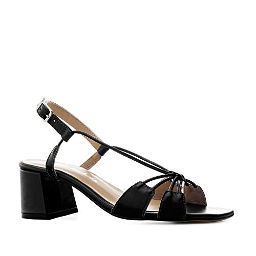 Andres Machado Sandalias de Tiras con tacón Ancho Retro de Mujer/Chica - Zapatos de señora - en Piel Color Negro, Talla 34 EU