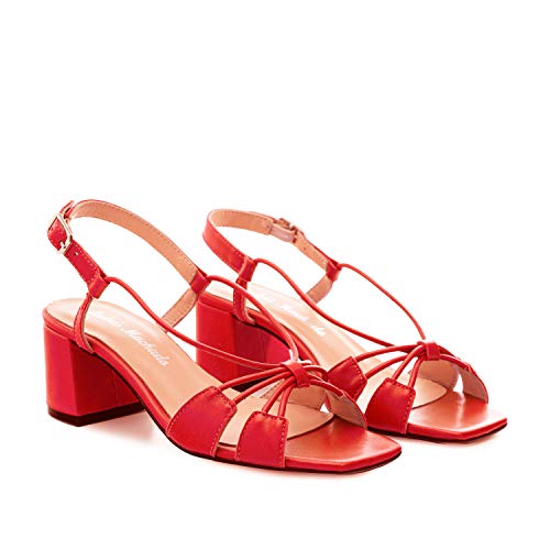 Andres Machado Sandalias de Tiras con tacón Ancho Retro de Mujer/Chica - Zapatos de señora - en Piel Color Rojo Anaranjado, Talla 42 EU