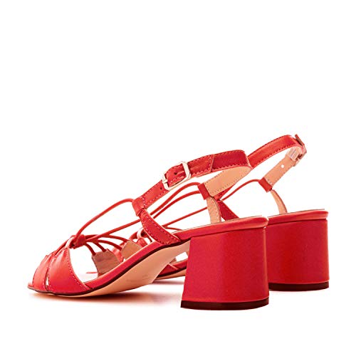 Andres Machado Sandalias de Tiras con tacón Ancho Retro de Mujer/Chica - Zapatos de señora - en Piel Color Rojo Anaranjado, Talla 42 EU