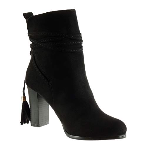 Angkorly - Zapatillas de Moda Botines Cavalier Mujer Multi-Correa Fleco Talón Tacón Ancho Alto 9 CM - Plantilla Forrada de Piel - Negro B7575 T 40