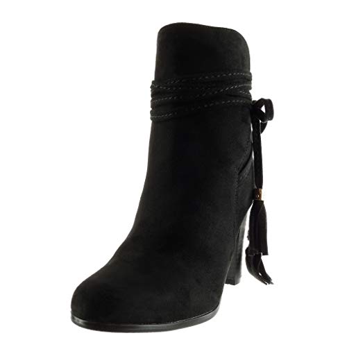 Angkorly - Zapatillas de Moda Botines Cavalier Mujer Multi-Correa Fleco Talón Tacón Ancho Alto 9 CM - Plantilla Forrada de Piel - Negro B7575 T 40
