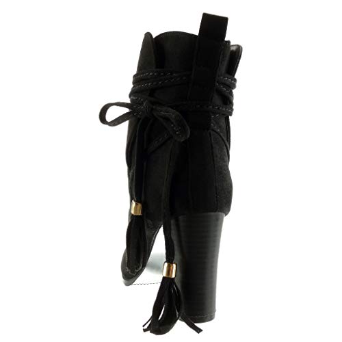 Angkorly - Zapatillas de Moda Botines Cavalier Mujer Multi-Correa Fleco Talón Tacón Ancho Alto 9 CM - Plantilla Forrada de Piel - Negro B7575 T 40