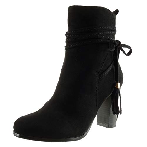 Angkorly - Zapatillas de Moda Botines Cavalier Mujer Multi-Correa Fleco Talón Tacón Ancho Alto 9 CM - Plantilla Forrada de Piel - Negro B7575 T 40