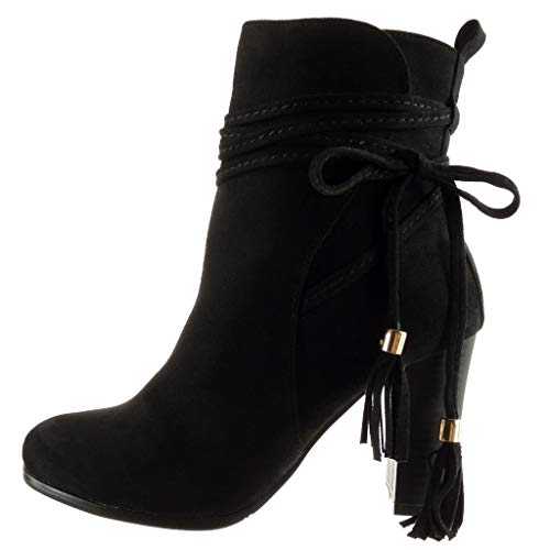 Angkorly - Zapatillas de Moda Botines Cavalier Mujer Multi-Correa Fleco Talón Tacón Ancho Alto 9 CM - Plantilla Forrada de Piel - Negro B7575 T 40