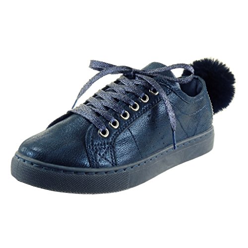 Angkorly - Zapatillas de Moda Deportivos Mujer Pompom Brillantes Talón Tacón Ancho 2.5 CM - Azul RW752 T 39