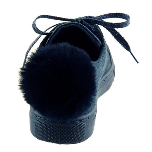 Angkorly - Zapatillas de Moda Deportivos Mujer Pompom Brillantes Talón Tacón Ancho 2.5 CM - Azul RW752 T 39
