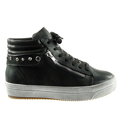 Angkorly - Zapatillas de Moda Deportivos Stile Vendimia Mujer Tachonado Cremallera Zapato Acolchado Talón tacón Plano 3.5 CM - Negro SW10368 T 37