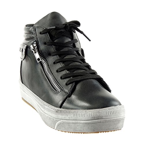 Angkorly - Zapatillas de Moda Deportivos Stile Vendimia Mujer Tachonado Cremallera Zapato Acolchado Talón tacón Plano 3.5 CM - Negro SW10368 T 37