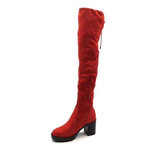 Angkorly - Zapatillas Moda Botas Altas Botas Flexible Cavalier Sexy Mujer Encaje básica  Tacón Ancho Alto 8 CM - Rojo FH625 T 40