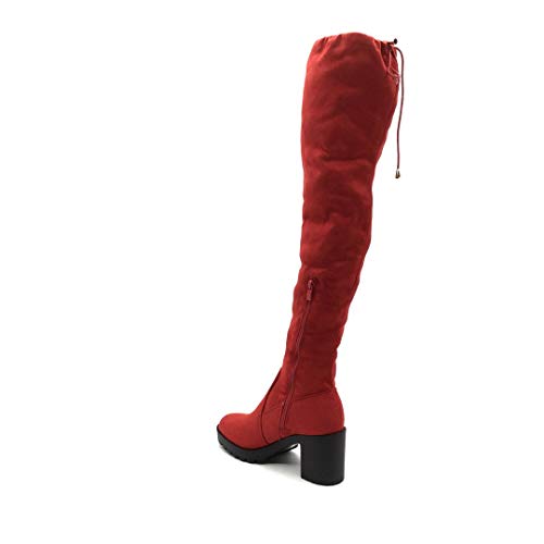 Angkorly - Zapatillas Moda Botas Altas Botas Flexible Cavalier Sexy Mujer Encaje básica  Tacón Ancho Alto 8 CM - Rojo FH625 T 40