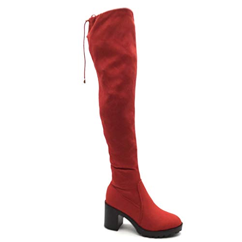 Angkorly - Zapatillas Moda Botas Altas Botas Flexible Cavalier Sexy Mujer Encaje básica  Tacón Ancho Alto 8 CM - Rojo FH625 T 40