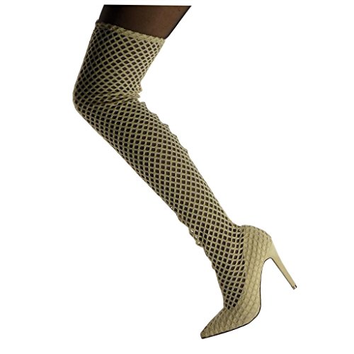Angkorly - Zapatillas Moda Botas Altas Botas Flexible Stiletto Sexy Mujer Fishnet Tacón de Aguja Alto 10.5 CM - Beige B7620 T 40