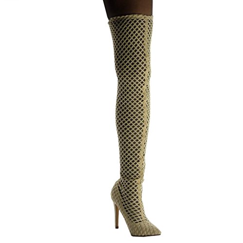 Angkorly - Zapatillas Moda Botas Altas Botas Flexible Stiletto Sexy Mujer Fishnet Tacón de Aguja Alto 10.5 CM - Beige B7620 T 40