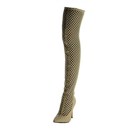 Angkorly - Zapatillas Moda Botas Altas Botas Flexible Stiletto Sexy Mujer Fishnet Tacón de Aguja Alto 10.5 CM - Beige B7620 T 40