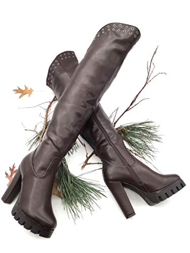 Angkorly - Zapatillas Moda Botas Altas Botas Plataforma Sexy Mujer Tachonado Tacón Ancho Alto 11.5 CM CM - Marrón BS017 T 40