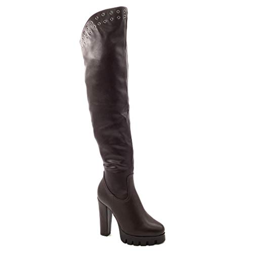 Angkorly - Zapatillas Moda Botas Altas Botas Plataforma Sexy Mujer Tachonado Tacón Ancho Alto 11.5 CM CM - Marrón BS017 T 40