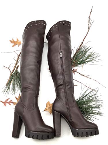 Angkorly - Zapatillas Moda Botas Altas Botas Plataforma Sexy Mujer Tachonado Tacón Ancho Alto 11.5 CM CM - Marrón BS017 T 40