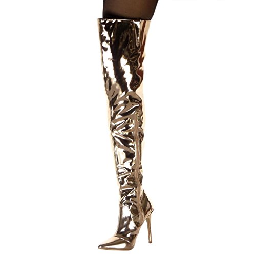 Angkorly - Zapatillas Moda Botas Altas Botas Stiletto Botas de Guma de Lluvia Botas Altas Mujer Brillantes Patentes Tacón de Aguja Alto 11 CM - Champán J46-6 T 37