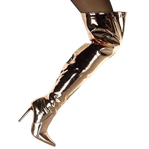 Angkorly - Zapatillas Moda Botas Altas Botas Stiletto Botas de Guma de Lluvia Botas Altas Mujer Brillantes Patentes Tacón de Aguja Alto 11 CM - Champán J46-6 T 37