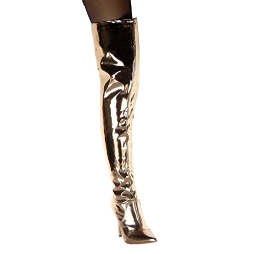 Angkorly - Zapatillas Moda Botas Altas Botas Stiletto Botas de Guma de Lluvia Botas Altas Mujer Brillantes Patentes Tacón de Aguja Alto 11 CM - Champán J46-6 T 37