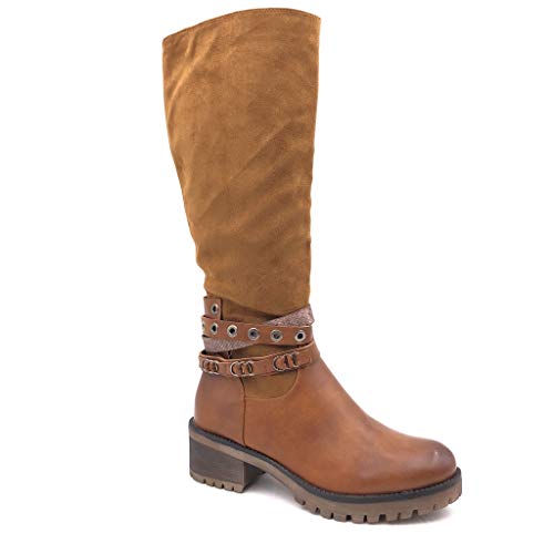 Angkorly - Zapatillas Moda Botas Botas Altas Biker Motociclistas Cavalier Rock Mujer Multi-Correa Tanga Anillos Tacón Ancho Alto 5 CM Ligeramente Forrada de Piel - Camel FR255 T 36
