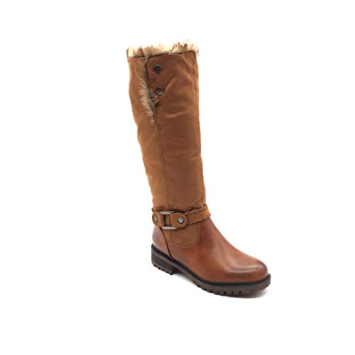 Angkorly - Zapatillas Moda Botas Botas Altas Cavalier Biker Motociclistas Rock Mujer Piel sintética Trenzado Tacón Ancho 3.5 CM - Camel FR227 T 38