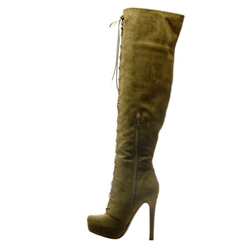 Angkorly - Zapatillas Moda Botas Botas Altas Stiletto Sexy Mujer Encaje Talón Tacón de Aguja Alto 13.5 CM - Caqui 167 T 38