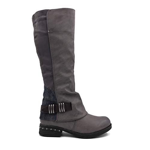 Angkorly - Zapatillas Moda Botas Botas Altas Western/Occidental Biker Motociclistas Cavalier Mujer Anillos Tachonado Tanga Tacón Ancho 3 CM Ligeramente Forrada de Piel - Gris FR233 T 39