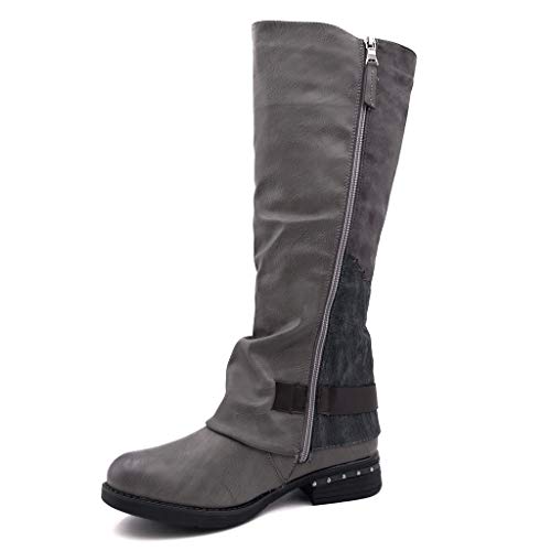 Angkorly - Zapatillas Moda Botas Botas Altas Western/Occidental Biker Motociclistas Cavalier Mujer Anillos Tachonado Tanga Tacón Ancho 3 CM Ligeramente Forrada de Piel - Gris FR233 T 39