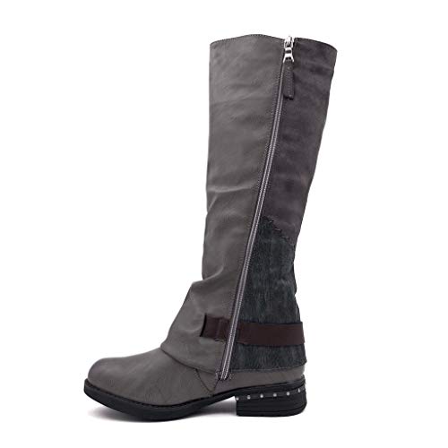 Angkorly - Zapatillas Moda Botas Botas Altas Western/Occidental Biker Motociclistas Cavalier Mujer Anillos Tachonado Tanga Tacón Ancho 3 CM Ligeramente Forrada de Piel - Gris FR233 T 39