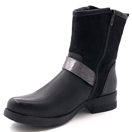 Angkorly - Zapatillas Moda Botines Biker Motociclistas Bimaterial Stile Vendimia Mujer Hebilla Tanga Tacón Ancho 3.5 CM Ligeramente Forrada de Piel - Negro F2869 T 37
