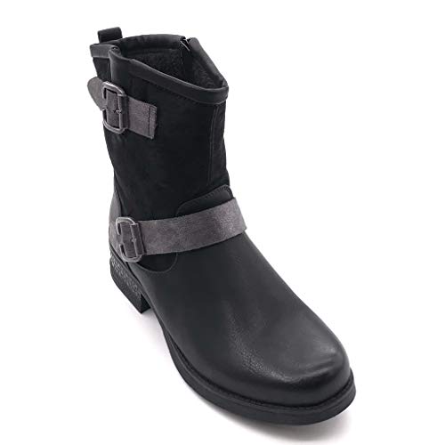 Angkorly - Zapatillas Moda Botines Biker Motociclistas Bimaterial Stile Vendimia Mujer Hebilla Tanga Tacón Ancho 3.5 CM Ligeramente Forrada de Piel - Negro F2869 T 37