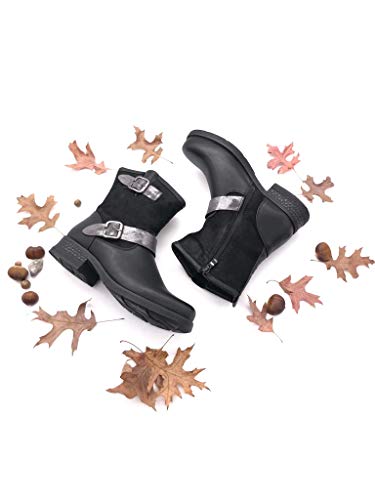 Angkorly - Zapatillas Moda Botines Biker Motociclistas Bimaterial Stile Vendimia Mujer Hebilla Tanga Tacón Ancho 3.5 CM Ligeramente Forrada de Piel - Negro F2869 T 37