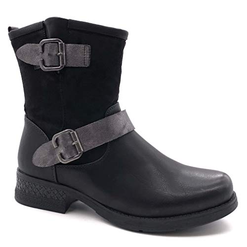 Angkorly - Zapatillas Moda Botines Biker Motociclistas Bimaterial Stile Vendimia Mujer Hebilla Tanga Tacón Ancho 3.5 CM Ligeramente Forrada de Piel - Negro F2869 T 37