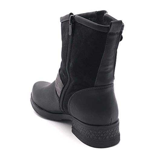 Angkorly - Zapatillas Moda Botines Biker Motociclistas Bimaterial Stile Vendimia Mujer Hebilla Tanga Tacón Ancho 3.5 CM Ligeramente Forrada de Piel - Negro F2869 T 37