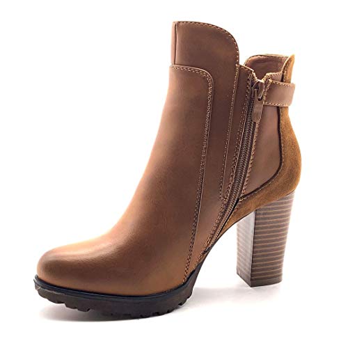 Angkorly - Zapatillas Moda Botines Botas Biker - Moto Sexy Glam Rock Mujer Tanga Tachonado Tacón Ancho Alto 9 CM - Camel C680 T 36