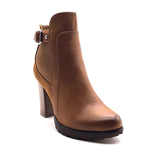 Angkorly - Zapatillas Moda Botines Botas Biker - Moto Sexy Glam Rock Mujer Tanga Tachonado Tacón Ancho Alto 9 CM - Camel C680 T 36