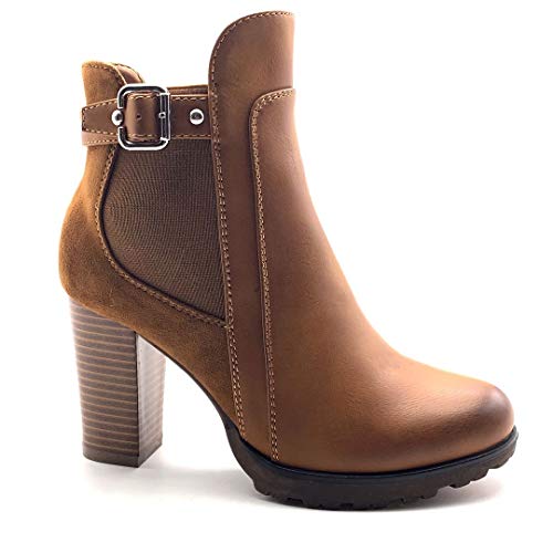 Angkorly - Zapatillas Moda Botines Botas Biker - Moto Sexy Glam Rock Mujer Tanga Tachonado Tacón Ancho Alto 9 CM - Camel C680 T 36
