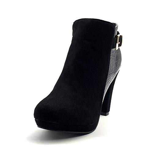 Angkorly - Zapatillas Moda Botines Botas Biker - Moto Sexy Tacones Altos Mujer Efecto Piel de Serpiente pitón Dorado Tacón Ancho Alto 9.5 CM - Negro H545 T 38