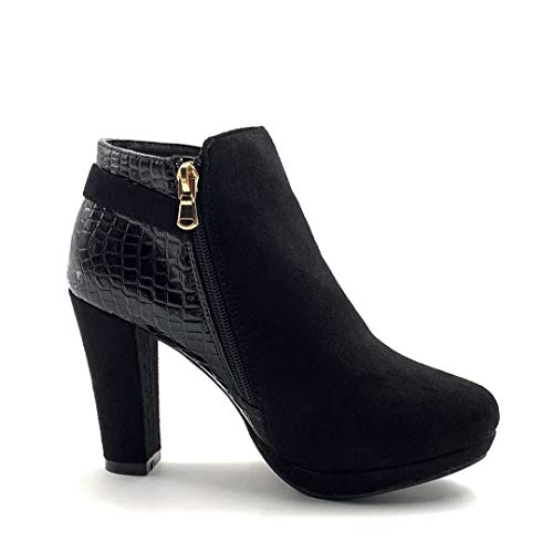 Angkorly - Zapatillas Moda Botines Botas Biker - Moto Sexy Tacones Altos Mujer Efecto Piel de Serpiente pitón Dorado Tacón Ancho Alto 9.5 CM - Negro H545 T 38