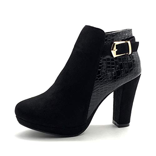 Angkorly - Zapatillas Moda Botines Botas Biker - Moto Sexy Tacones Altos Mujer Efecto Piel de Serpiente pitón Dorado Tacón Ancho Alto 9.5 CM - Negro H545 T 38