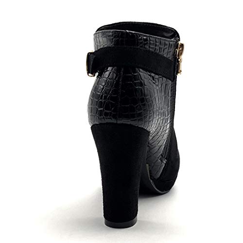 Angkorly - Zapatillas Moda Botines Botas Biker - Moto Sexy Tacones Altos Mujer Efecto Piel de Serpiente pitón Dorado Tacón Ancho Alto 9.5 CM - Negro H545 T 38