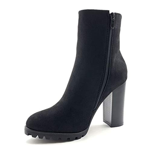 Angkorly - Zapatillas Moda Botines Botas Biker - Moto Tacones Altos Sexy Mujer Simple básica Detalle metálico Tacón Ancho Alto 10 CM - Negro C626 T 36
