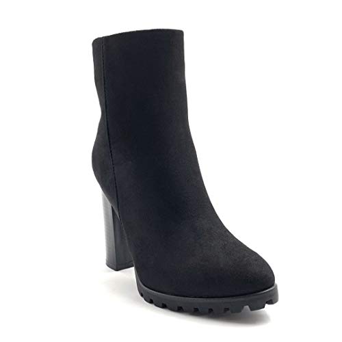 Angkorly - Zapatillas Moda Botines Botas Biker - Moto Tacones Altos Sexy Mujer Simple básica Detalle metálico Tacón Ancho Alto 10 CM - Negro C626 T 36