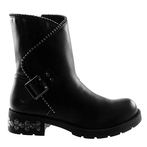 Angkorly - Zapatillas Moda Botines Botas Biker Motociclistas Rock Mujer Perla Tachonado Hebilla Tacón Ancho Alto 4 CM - Negro 520-8 T 37