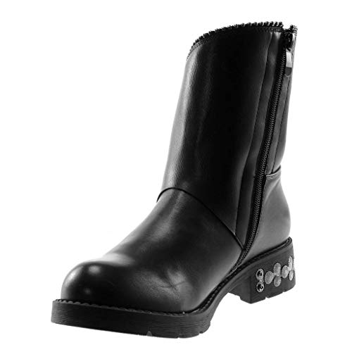 Angkorly - Zapatillas Moda Botines Botas Biker Motociclistas Rock Mujer Perla Tachonado Hebilla Tacón Ancho Alto 4 CM - Negro 520-8 T 37