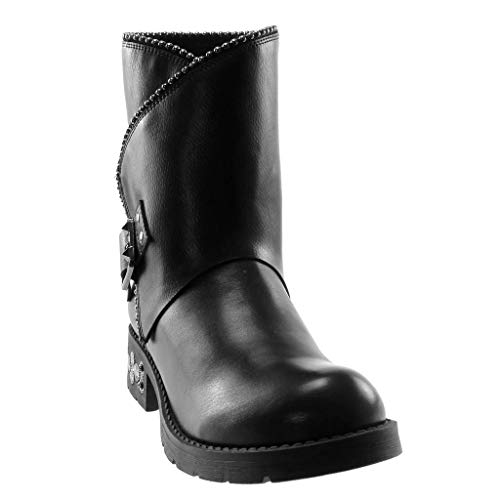 Angkorly - Zapatillas Moda Botines Botas Biker Motociclistas Rock Mujer Perla Tachonado Hebilla Tacón Ancho Alto 4 CM - Negro 520-8 T 37