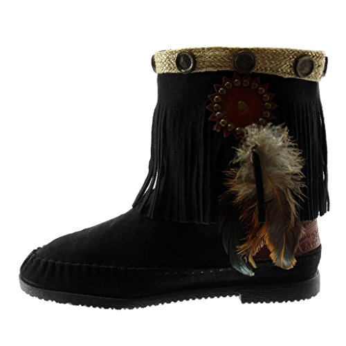 Angkorly - Zapatillas Moda Botines Botas Botas Mocasines Folk Slip-on Mujer Fleco Pluma Tachonado Tacón Ancho 1.5 CM - Negro M866 T 38