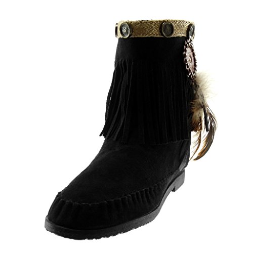 Angkorly - Zapatillas Moda Botines Botas Botas Mocasines Folk Slip-on Mujer Fleco Pluma Tachonado Tacón Ancho 1.5 CM - Negro M866 T 38